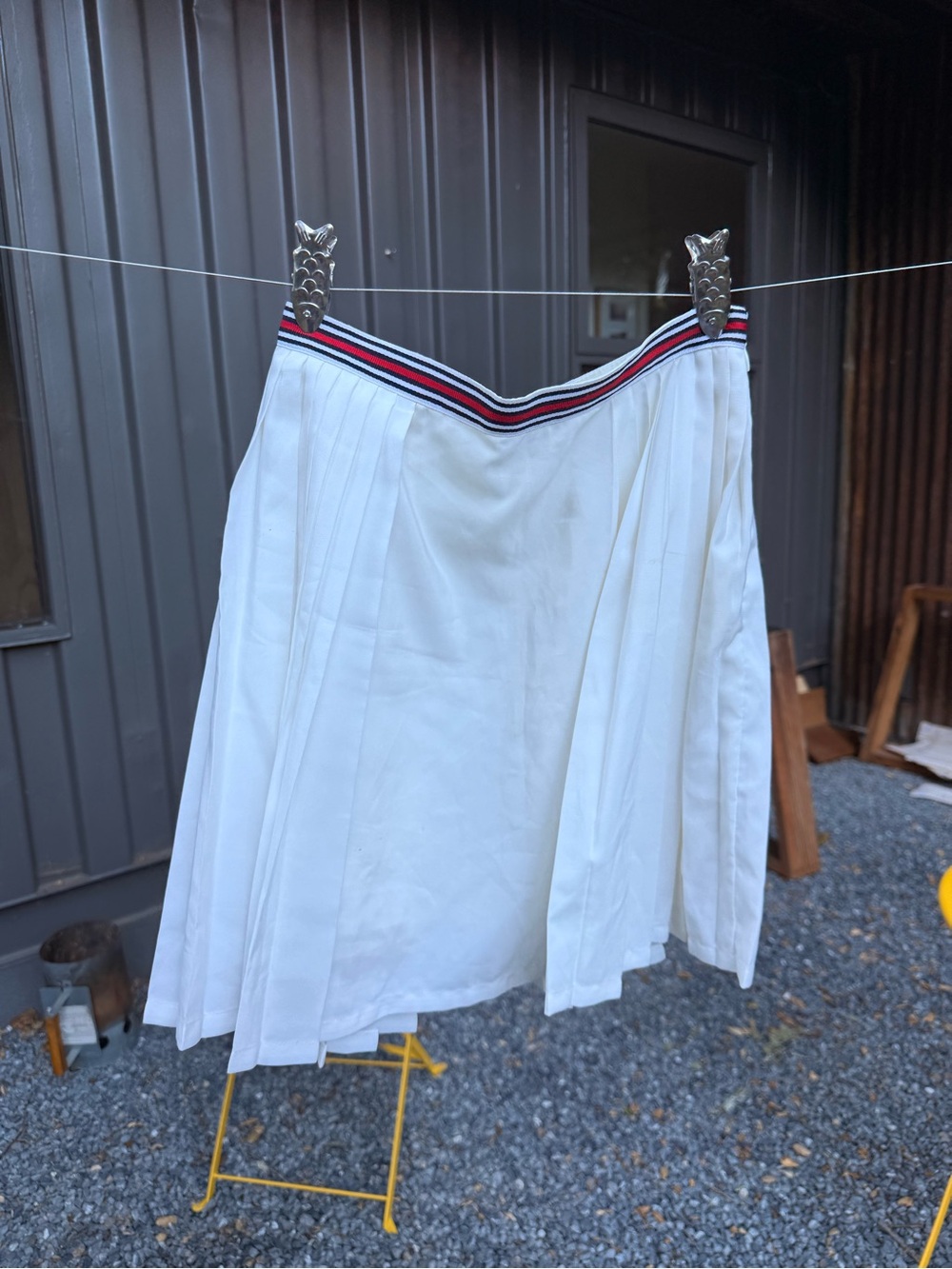 silence + noise White Pleated Mini Skirt with Navy and Red Stripe Waistband
